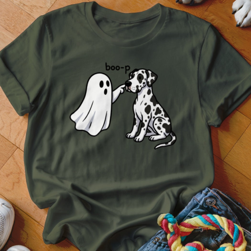 A ghost boops a Dalmatian dog with the text "boo-p" above.