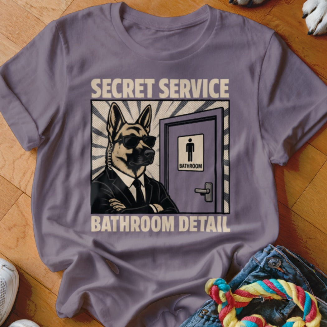 German Shepherd in suit and sunglasses with "Secret Service Bathroom Detail" text.