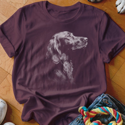 T-shirt with a drawing of a brown Irish Setter dog looking right.