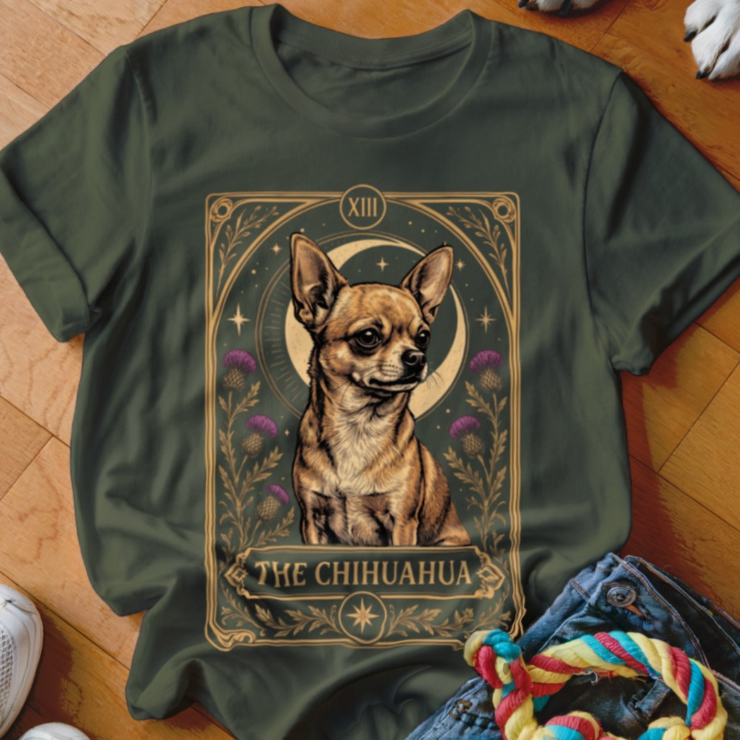 Dark green t-shirt featuring a tarot card style graphic of a chihuahua with purple flowers.