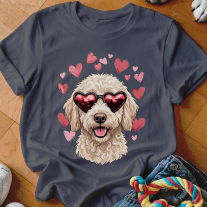 Dark grey crewneck t-shirt featuring a fluffy golden doodle wearing heart-shaped sunglasses surrounded by pink hearts.
