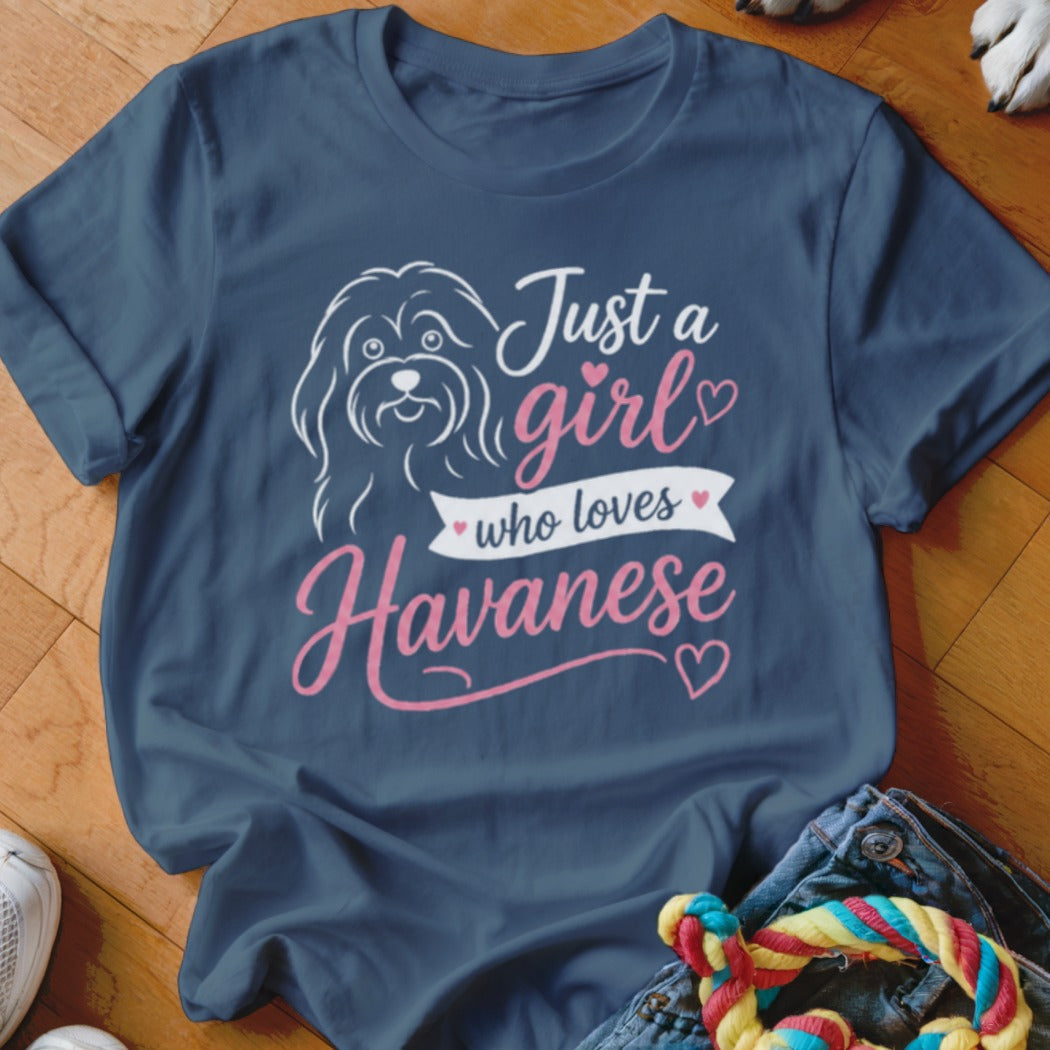Navy t-shirt with white and pink text and illustration: "Just a girl who loves Havanese"