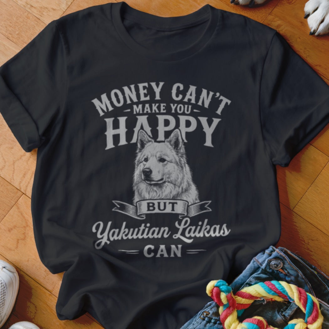 Black t-shirt with "Money Can't Make You Happy But Yakutian Laikas Can" and dog graphic.