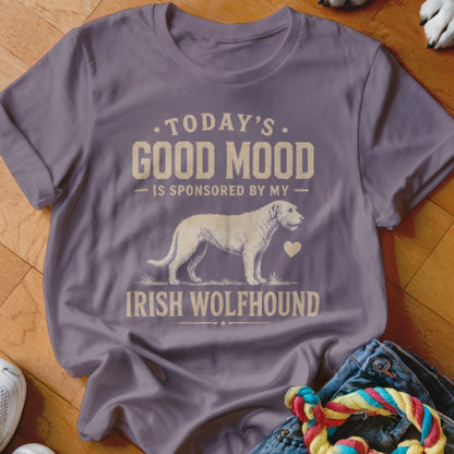Purple t-shirt with "Today's Good Mood Is Sponsored By My Irish Wolfhound" and dog illustration.