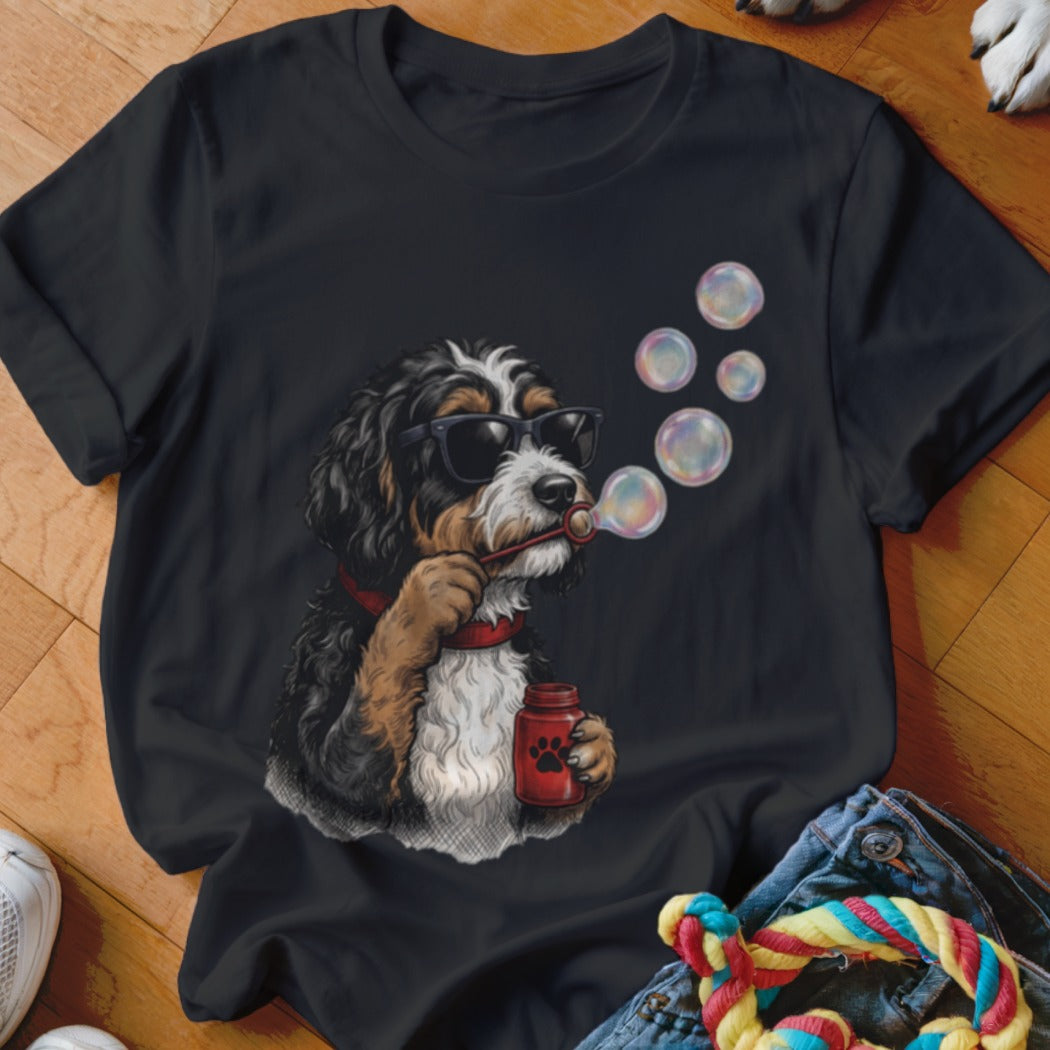 Black t-shirt featuring a graphic of a bernedoodle wearing sunglasses and blowing bubbles.