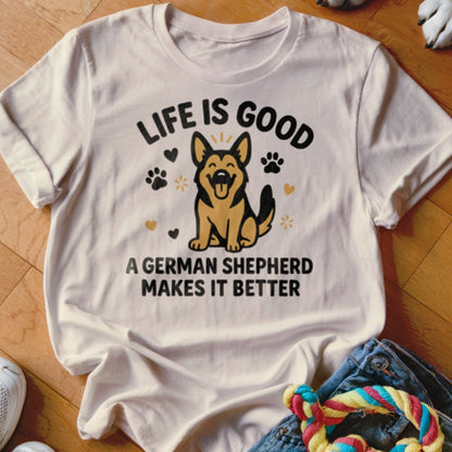 White t-shirt with German Shepherd graphic and text "Life is Good. A German Shepherd Makes It Better."