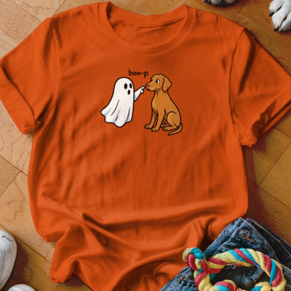 Orange t-shirt with cartoon ghost poking dog's nose and text "boo-p".