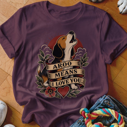 Beagle howling with "Aroo Means I Love You" banner, heart, and flowers.