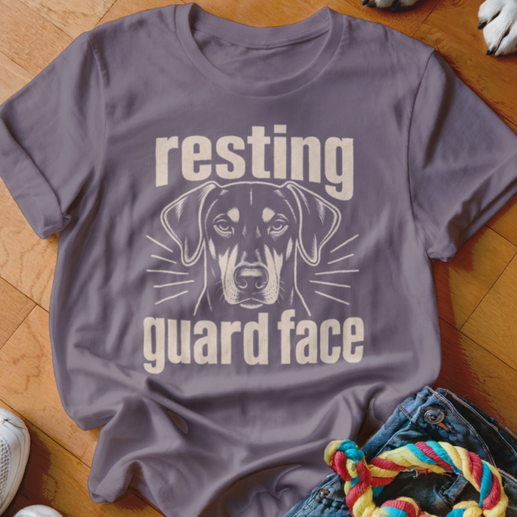 T-shirt with a dog's face and text reading "resting guard face."