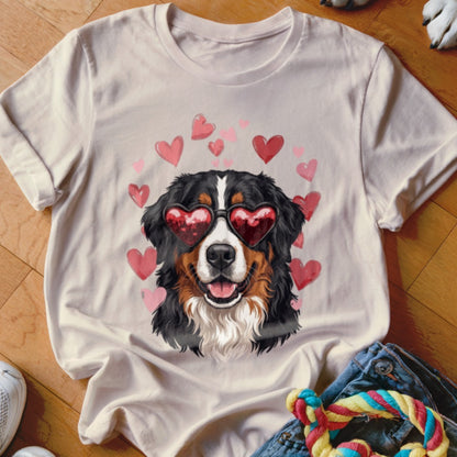 Beige t-shirt featuring a graphic of a Bernese Mountain Dog wearing heart-shaped sunglasses surrounded by pink hearts.