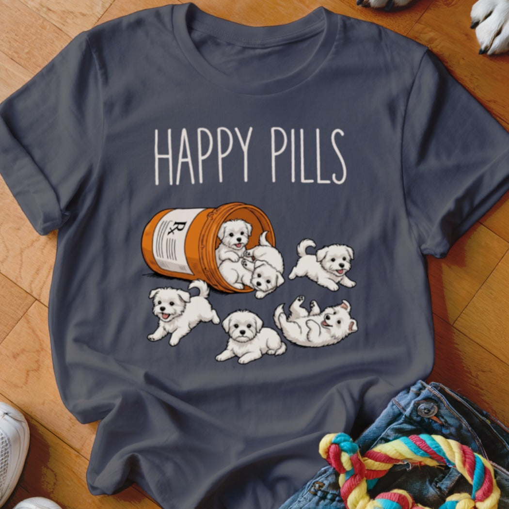 White puppies spilling out of a pill bottle with "HAPPY PILLS" text.