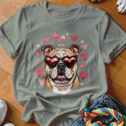 Olive green crewneck t-shirt featuring a graphic of an English bulldog wearing heart-shaped sunglasses surrounded by pink hearts.