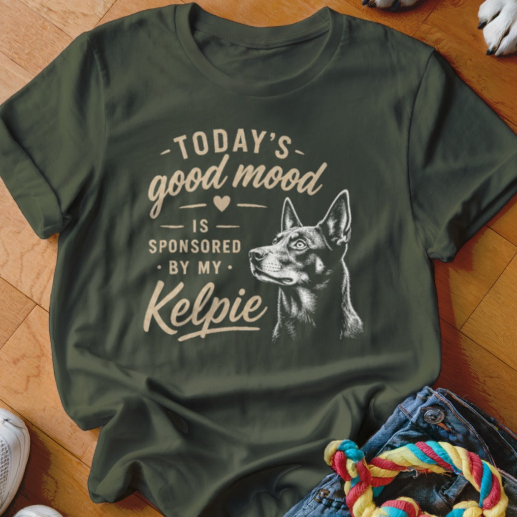 Green t-shirt with "Today's good mood is sponsored by my Kelpie" and dog illustration.