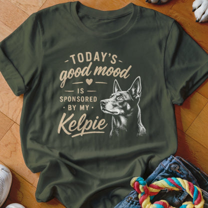 Green t-shirt with "Today's good mood is sponsored by my Kelpie" and dog illustration.