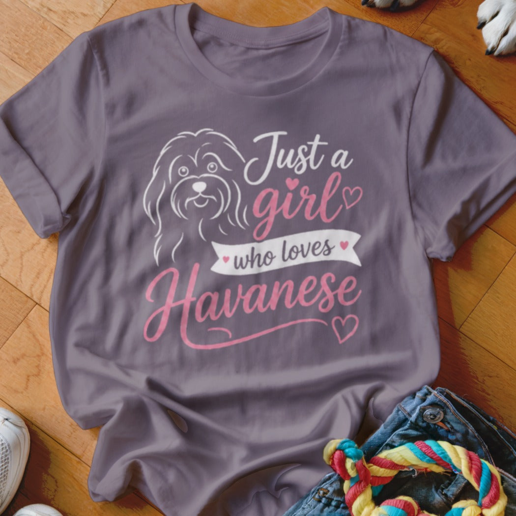 Gray t-shirt with a line drawing of a dog and "Just a girl who loves Havanese" text.
