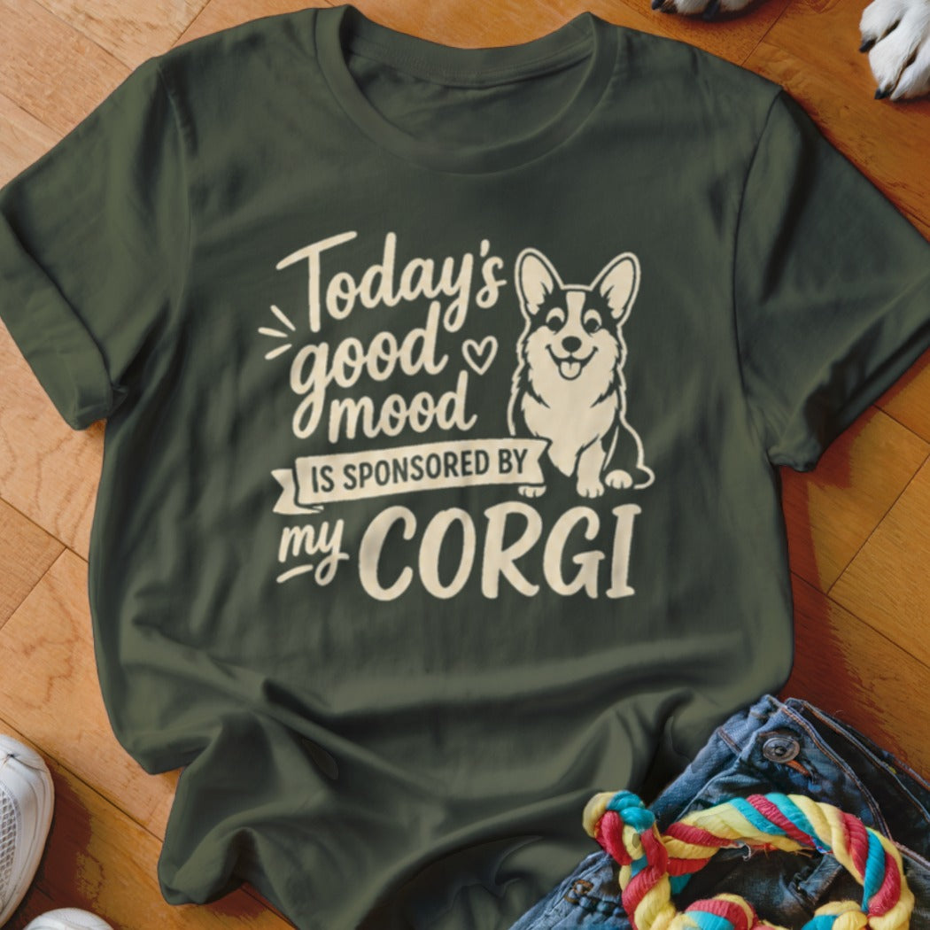 Dark green t-shirt with "Today's good mood is sponsored by my CORGI" text and a corgi illustration.