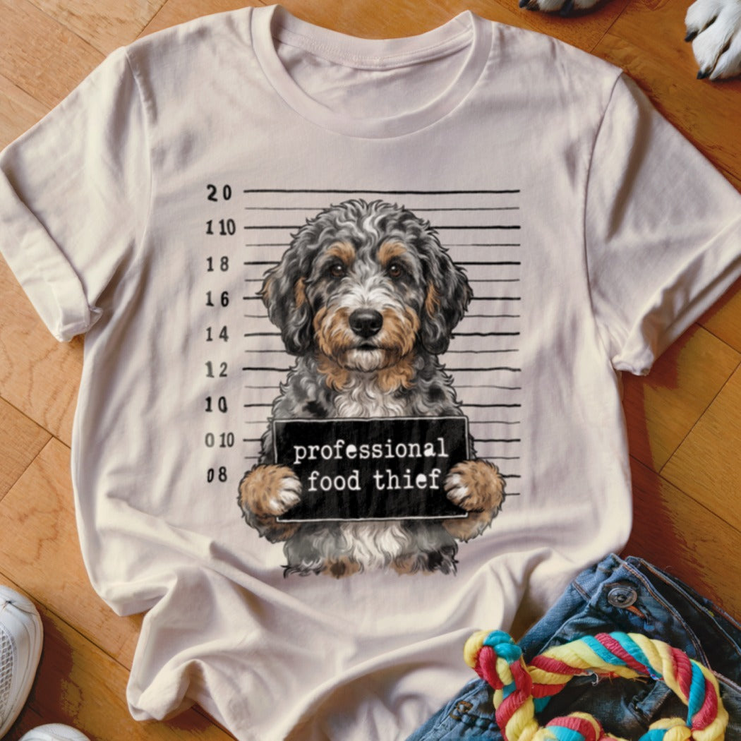 Bernedoodle dog with "professional food thief" sign in a mugshot.