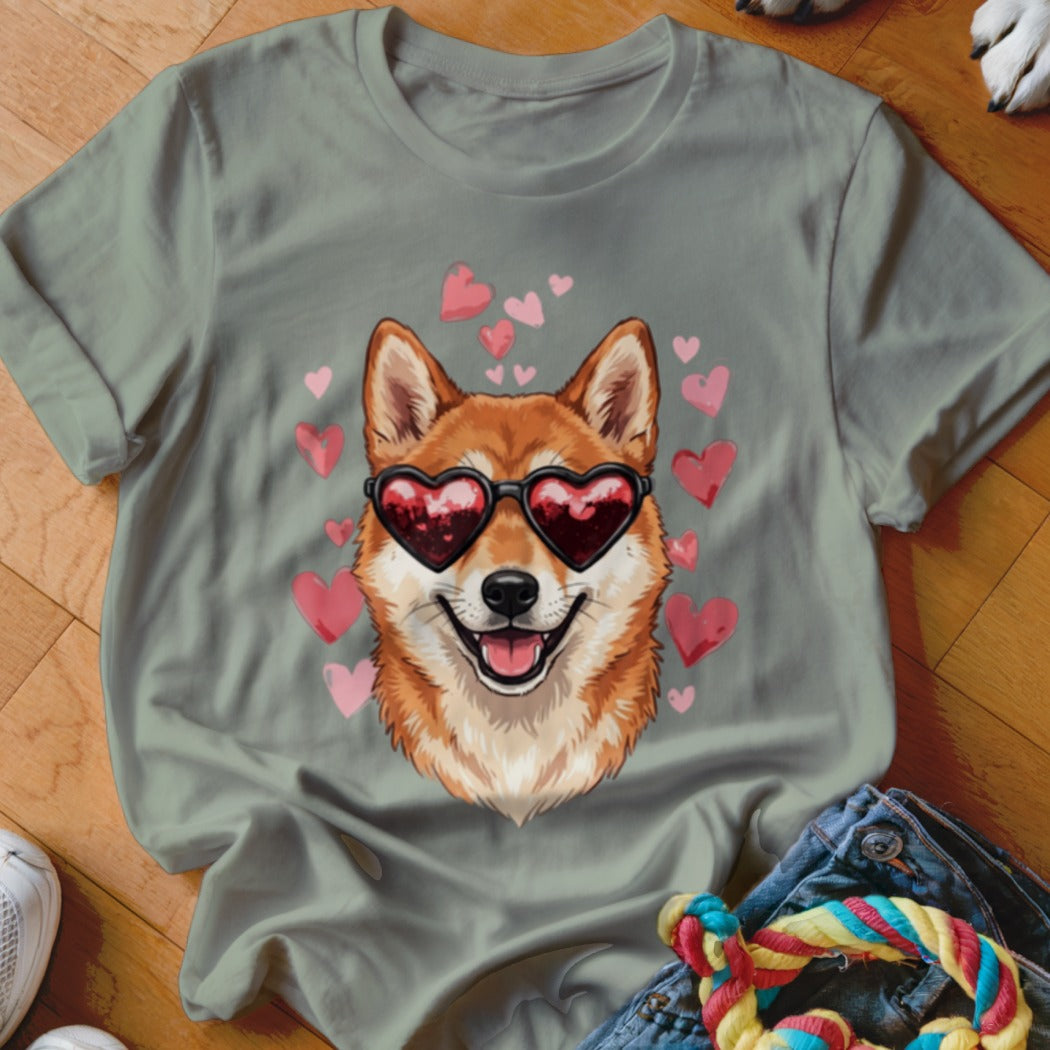 A sage green t-shirt featuring a graphic of a Shiba Inu wearing heart-shaped sunglasses surrounded by pink hearts.