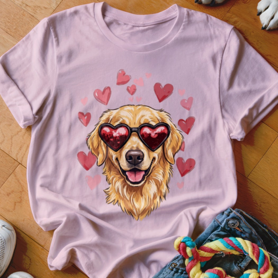 A light pink t-shirt featuring a Golden Retriever wearing heart-shaped sunglasses surrounded by pink hearts.