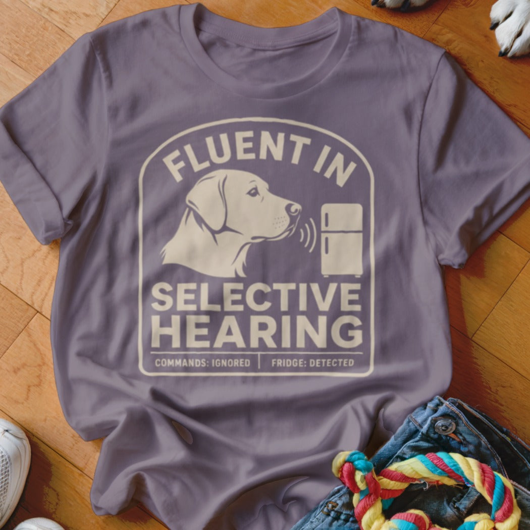 Dog t-shirt with "Fluent in Selective Hearing" and a fridge icon.