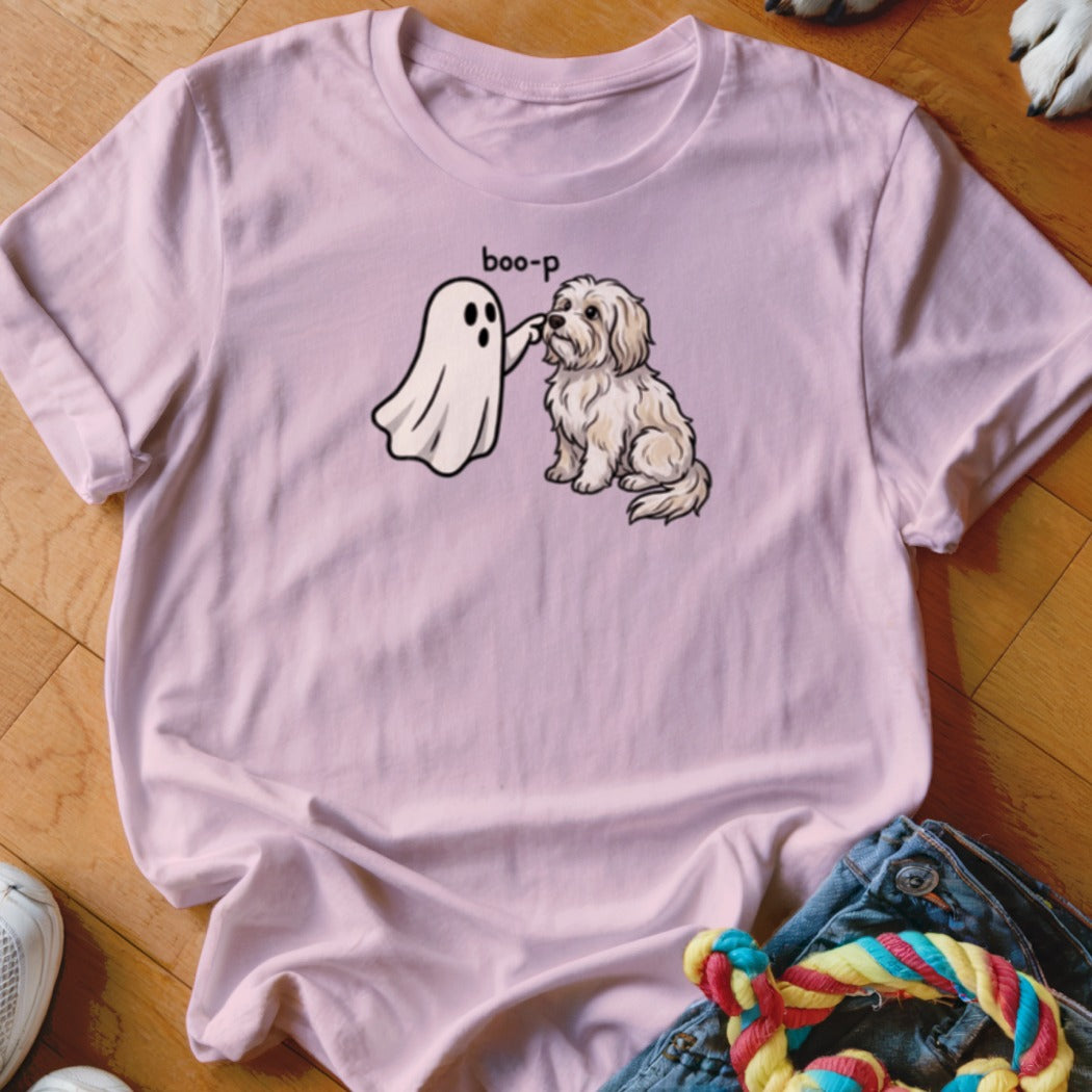 Pink t-shirt with cartoon ghost booping a fluffy dog and the text "boo-p".