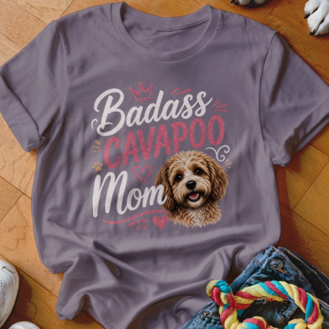 Gray t-shirt with "Badass CAVAPOO Mom" text and a Cavapoo dog graphic.