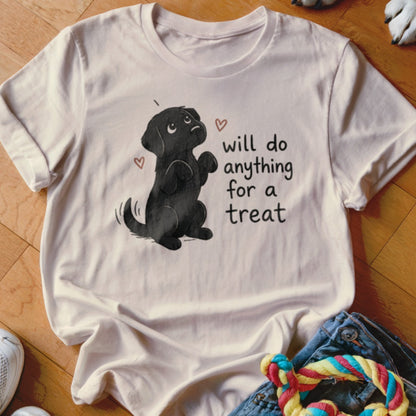 White t-shirt with black dog illustration and text "will do anything for a treat".