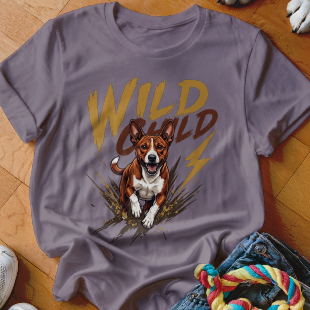 A purple crewneck t-shirt featuring a graphic of a running dog and the words WILD CHILD.
