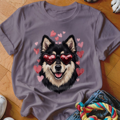 Gray t-shirt featuring an illustration of a black dog wearing heart-shaped sunglasses, surrounded by pink hearts.