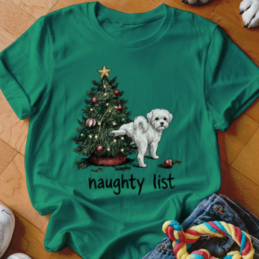 Green t-shirt with Christmas tree and white dog; text "naughty list"