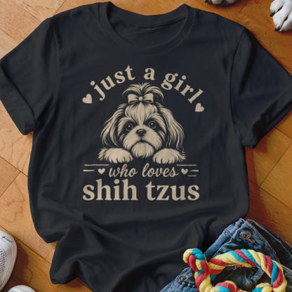 Black t-shirt with Shih Tzu graphic and text "just a girl, who loves shih tzus".