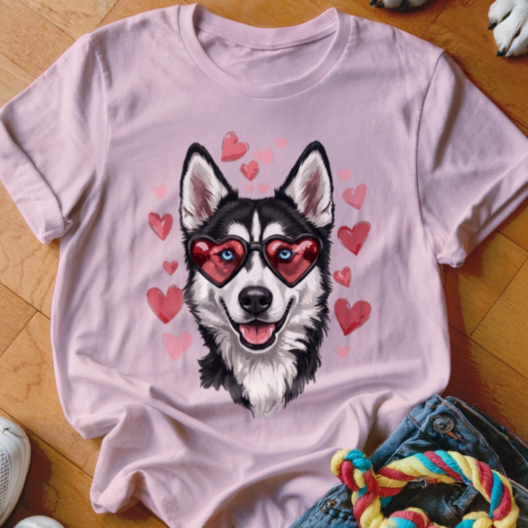 Light pink t-shirt featuring a graphic of a husky wearing heart-shaped sunglasses surrounded by floating hearts.