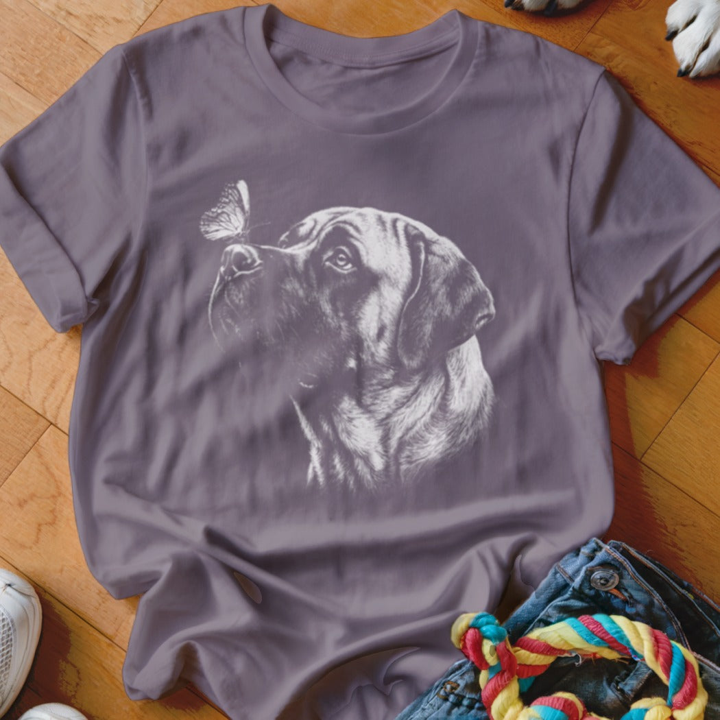 A grey crewneck t-shirt featuring a white line drawing of a mastiff dog with a butterfly on its nose.