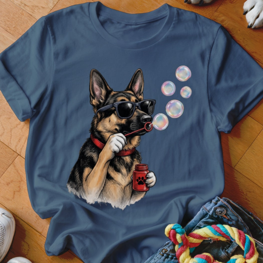 Dark blue t-shirt featuring a graphic of a German Shepherd wearing sunglasses and blowing bubbles.