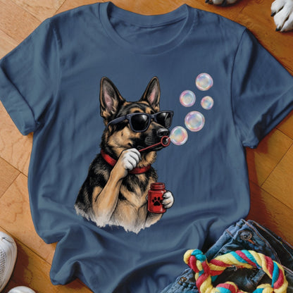 Dark blue t-shirt featuring a graphic of a German Shepherd wearing sunglasses and blowing bubbles.