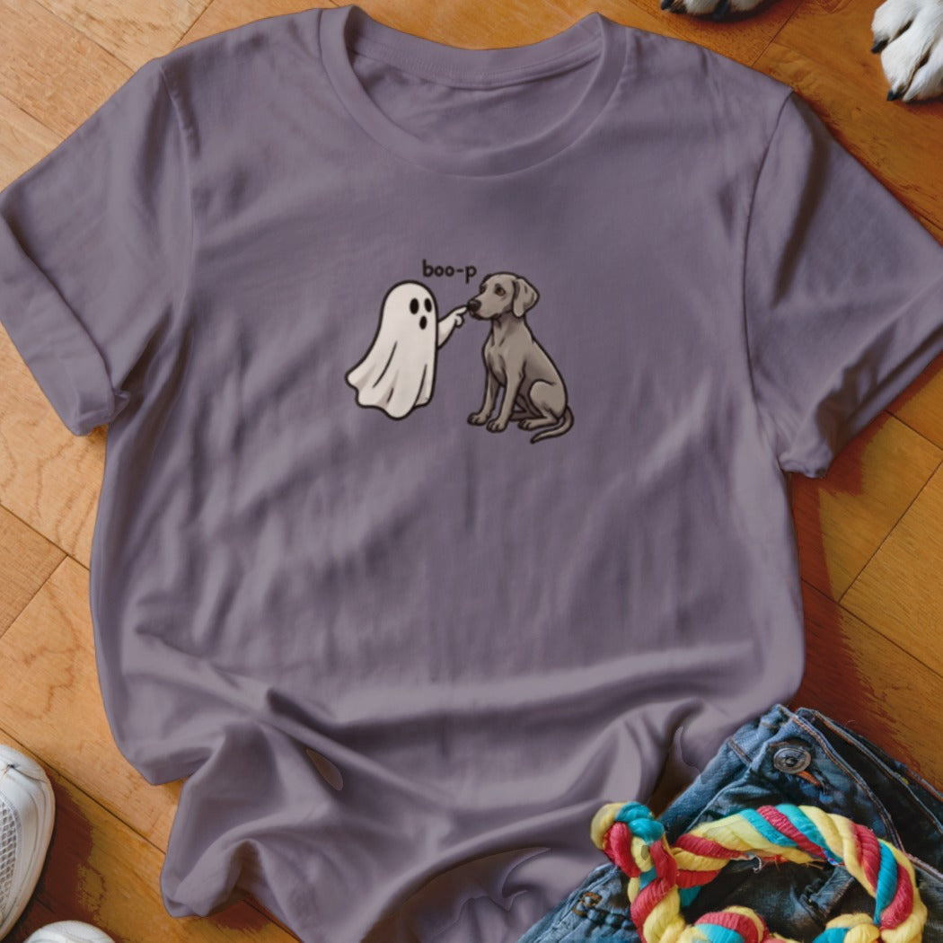 Ghost and dog with "boo-p" text on a purple t-shirt