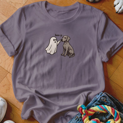 Ghost and dog with "boo-p" text on a purple t-shirt