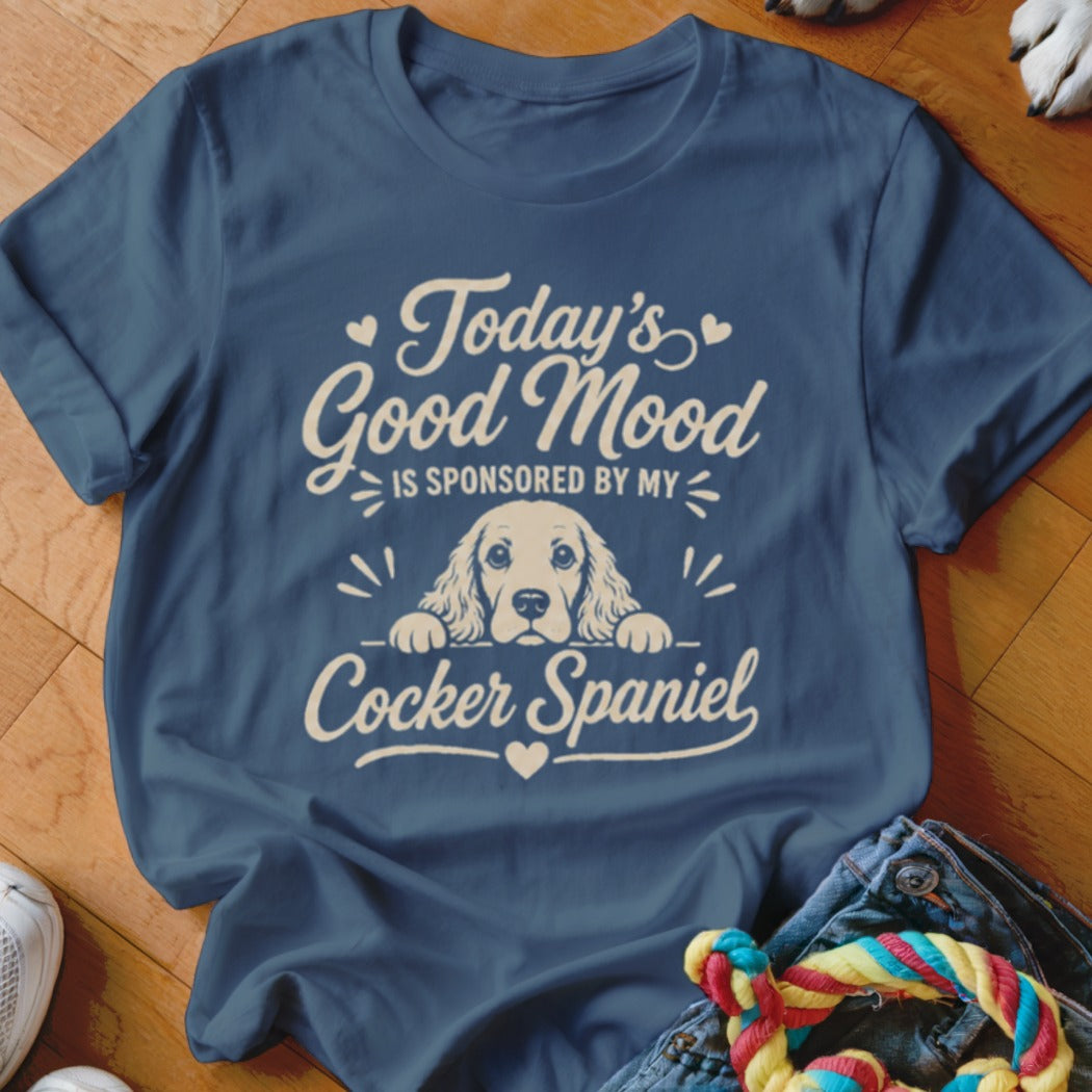 Navy t-shirt with "Today's Good Mood Is Sponsored By My Cocker Spaniel" text and dog graphic.