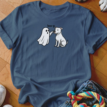 White ghost booping white dog with text "boo-p" on blue t-shirt.