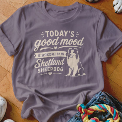 T-shirt with "Today's good mood is sponsored by my Shetland Sheepdog" text and illustration.