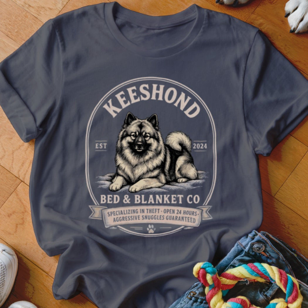 Keeshond Bed & Blanket Co. t-shirt with dog graphic and text.