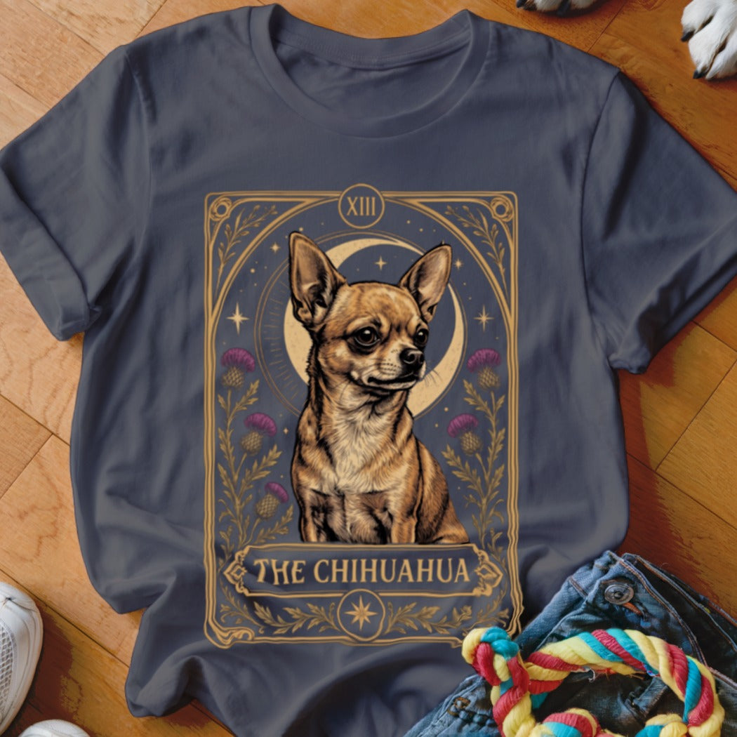 Charcoal gray t-shirt featuring a tarot card graphic of a Chihuahua with the text The Chihuahua.