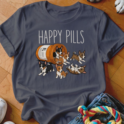 T-shirt with "HAPPY PILLS" text and cartoon puppies spilling from a pill bottle.