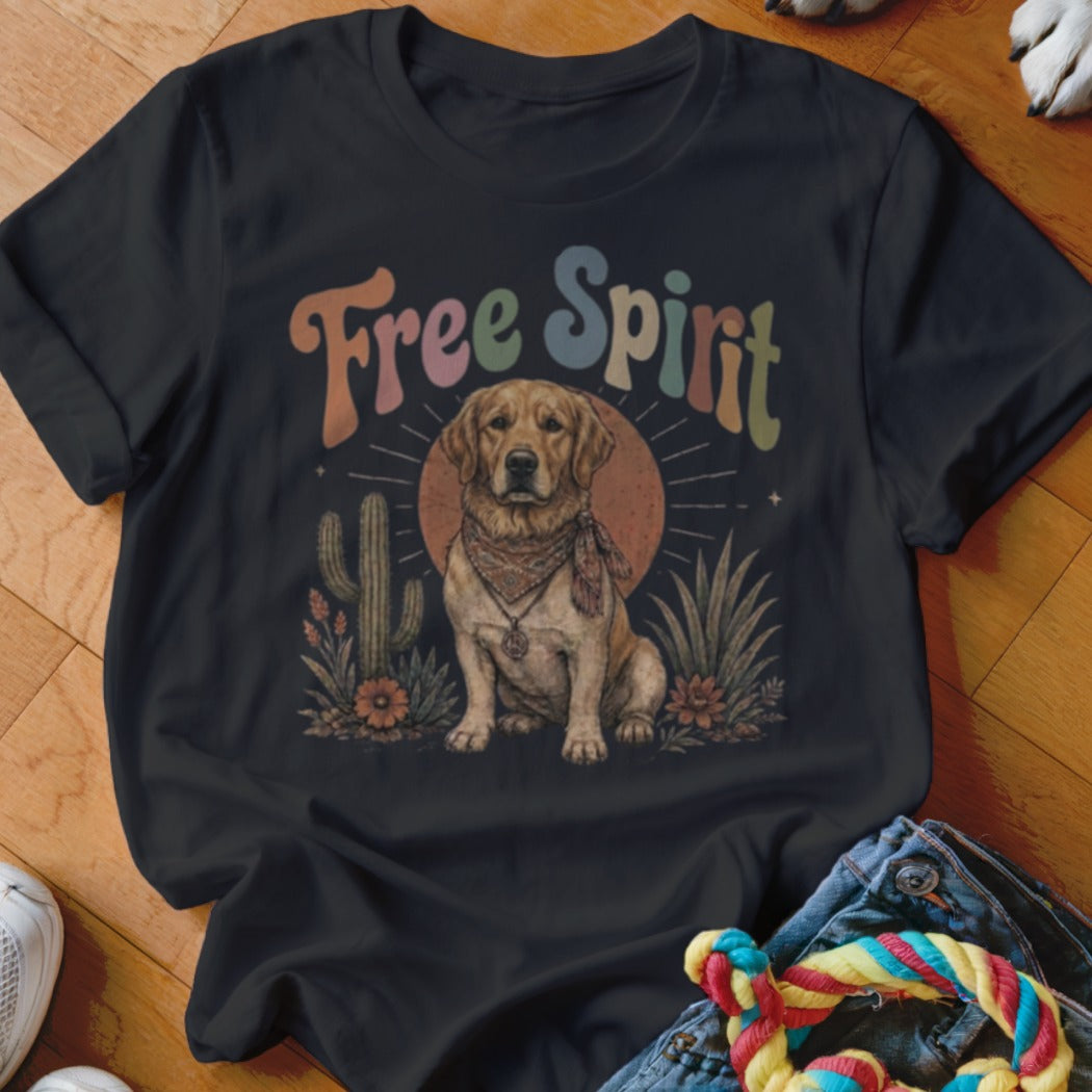Black t-shirt with "Free Spirit" text and a golden retriever in a desert scene.