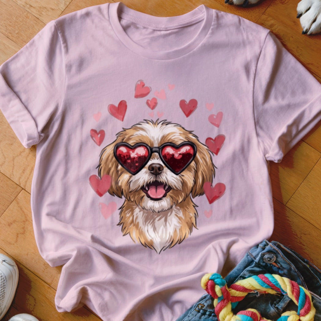 A light pink t-shirt featuring a graphic of a shaggy puppy wearing heart-shaped sunglasses surrounded by pink hearts.