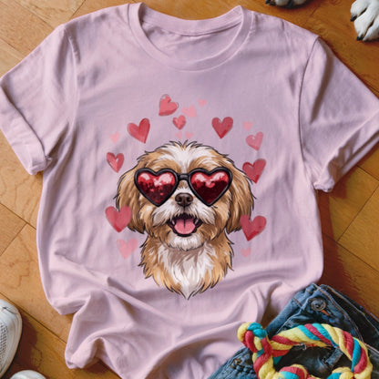 A light pink t-shirt featuring a graphic of a shaggy puppy wearing heart-shaped sunglasses surrounded by pink hearts.
