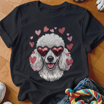 A black t-shirt features a graphic of a white poodle wearing heart-shaped sunglasses surrounded by pink hearts.