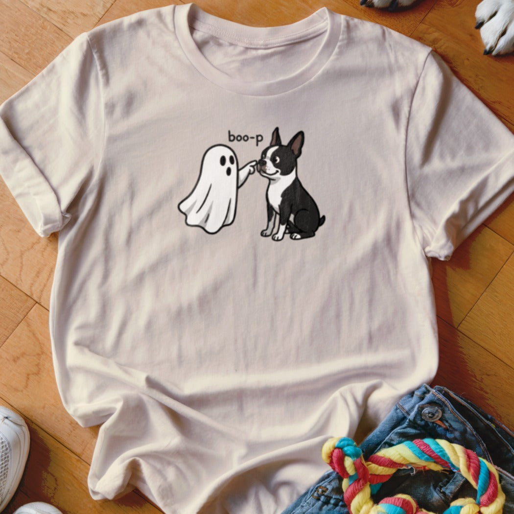 T-shirt with cartoon ghost booping a Boston Terrier, text "boo-p" above.