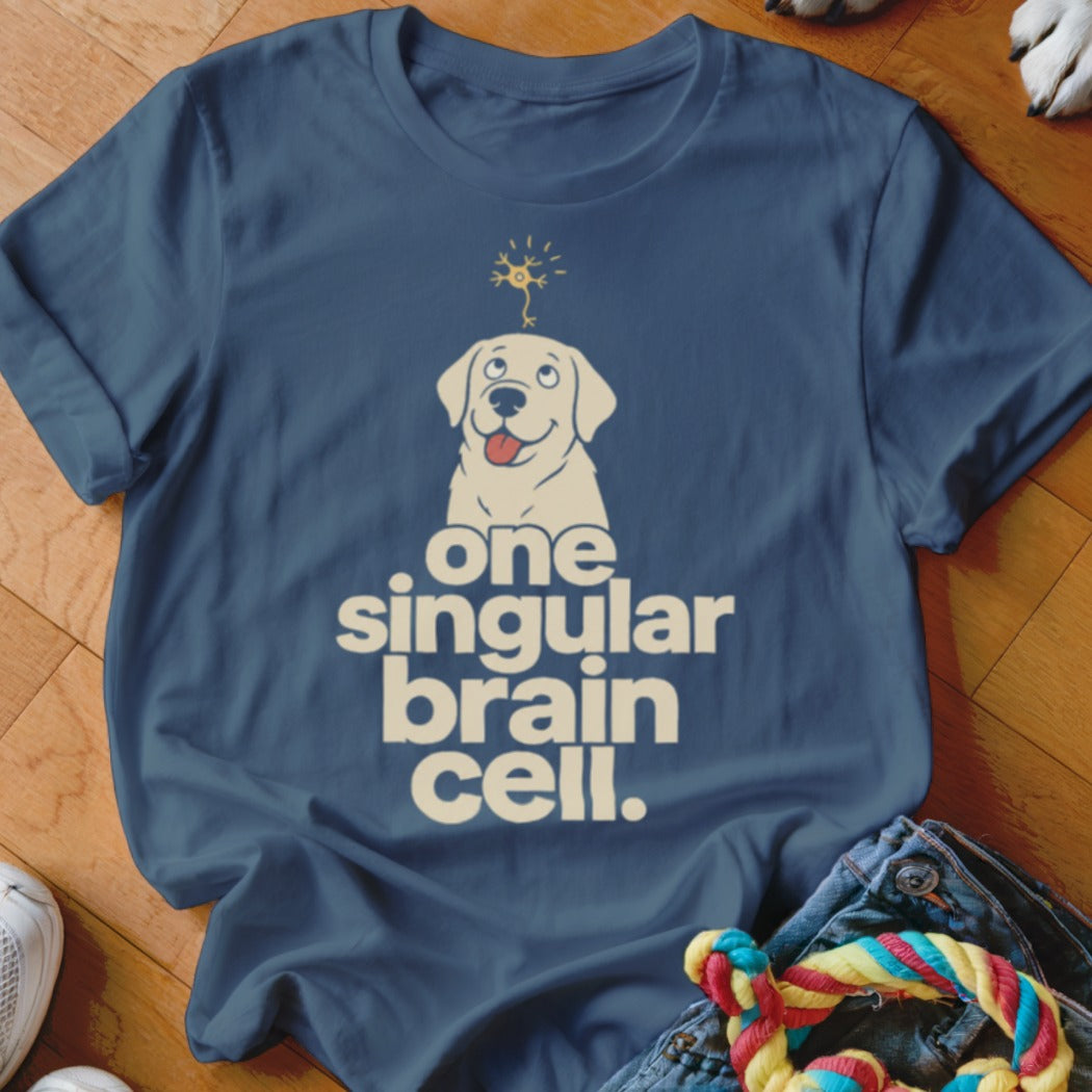 Labrador Retriever with a single neuron above its head and text "one singular brain cell."