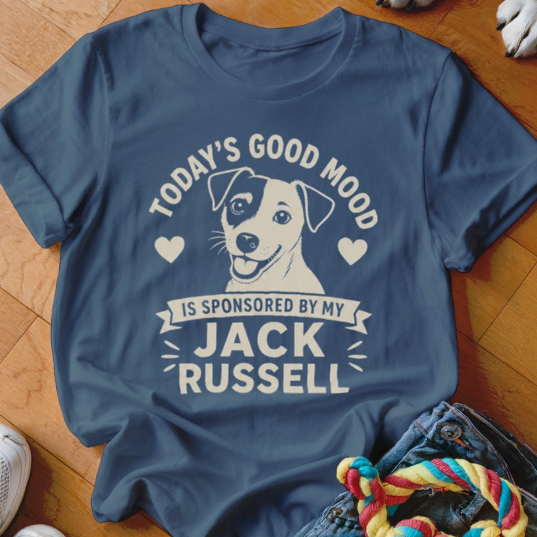 Navy t-shirt with "Today's good mood is sponsored by my Jack Russell" and dog graphic.